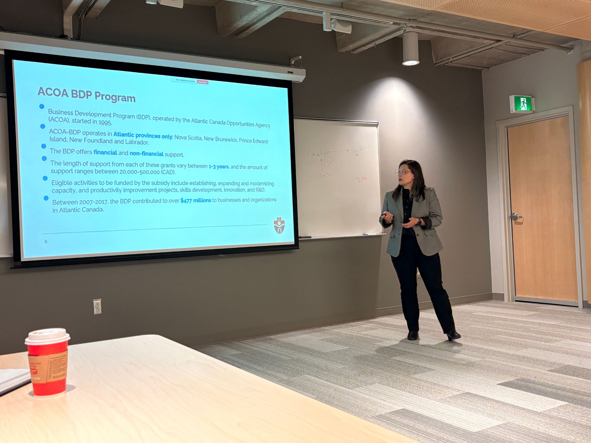 A presenter beside a slide describing the ACOA Business Development Program, the Atlantic Canada subsidy scheme.
